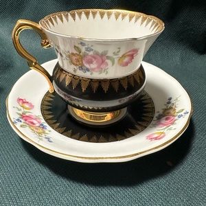 ROYAL STAFFORD English Bone China, Teacup,Saucer, Black Gold colors,Pink Flowers